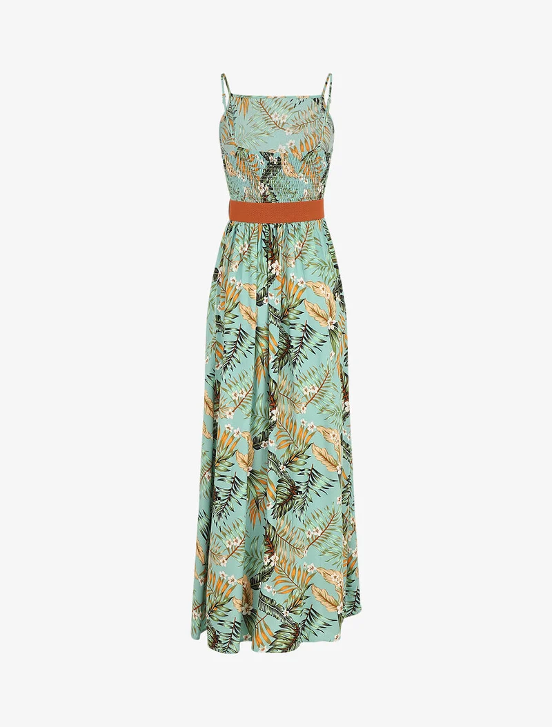 Robe longue droite à imprimé feuillage - Vert d'eau