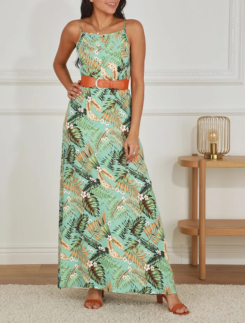 Robe longue droite à imprimé feuillage - Vert d'eau