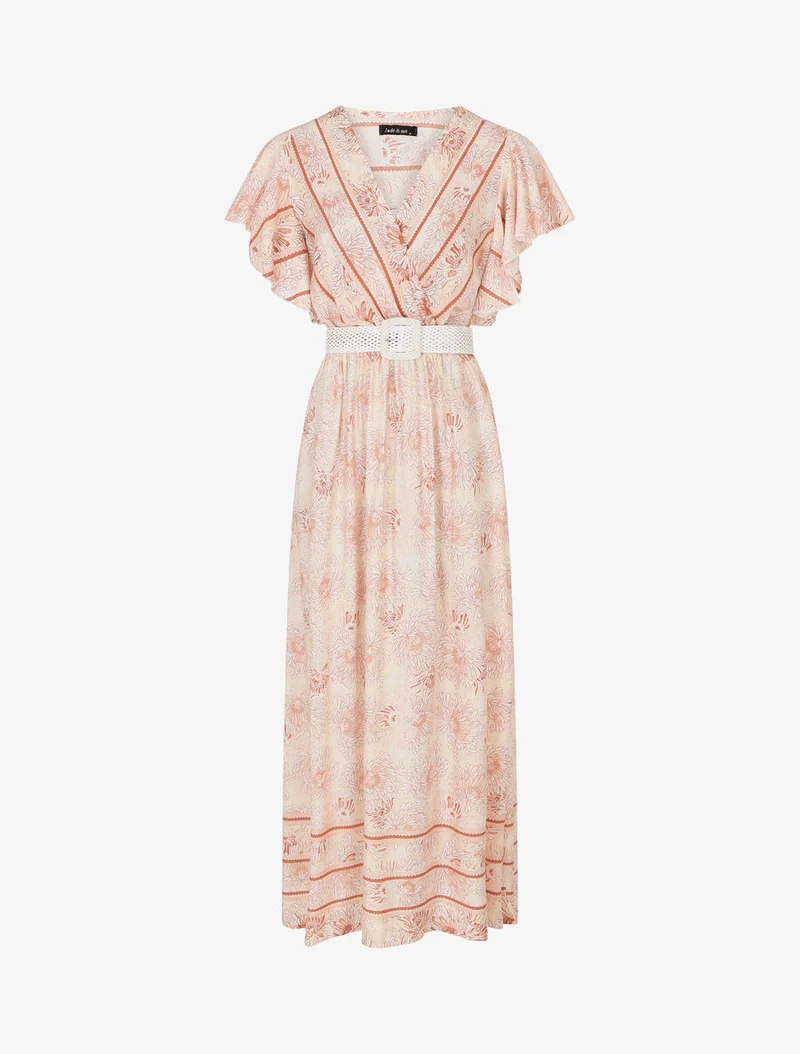 Robe longue élastiquée imprimé floral - Marron