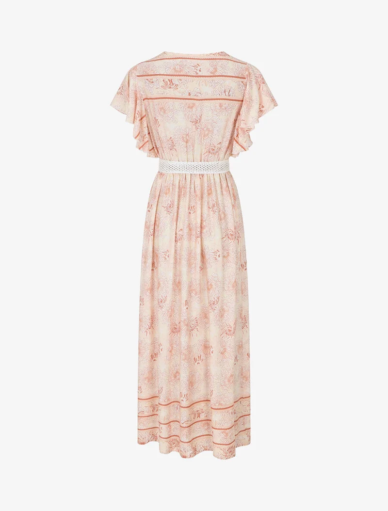 Robe longue élastiquée imprimé floral - Marron