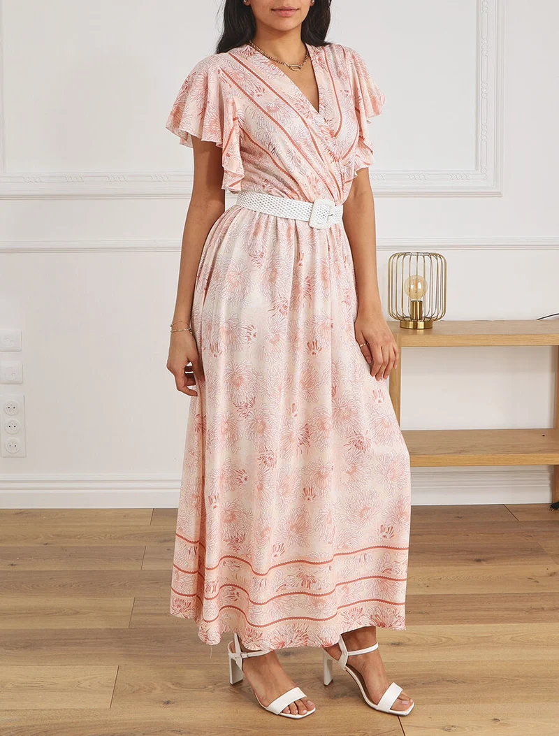 Robe longue élastiquée imprimé floral - Marron