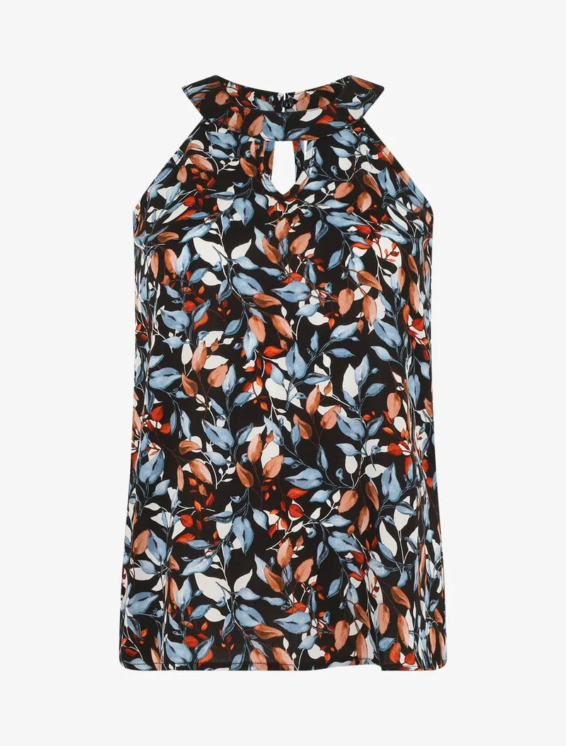 Top imprimé feuilles à col américain - Bleu nuit