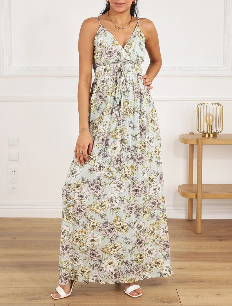 Robe longue imprimé multi-fleurs - Vert d'eau