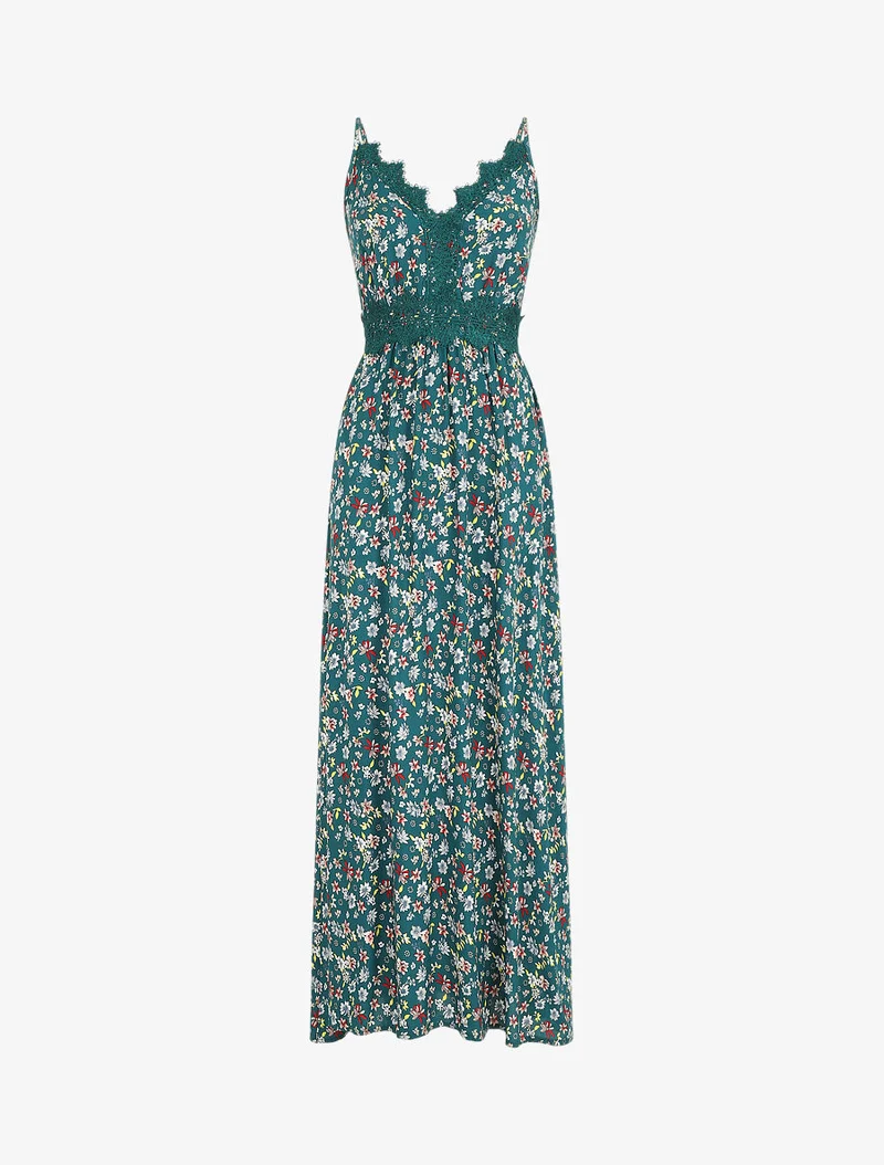Robe longue à col dentelle et imprimé fleuri - Vert