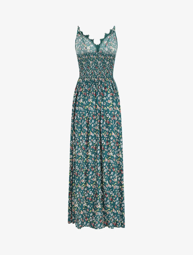 Robe longue à col dentelle et imprimé fleuri - Vert