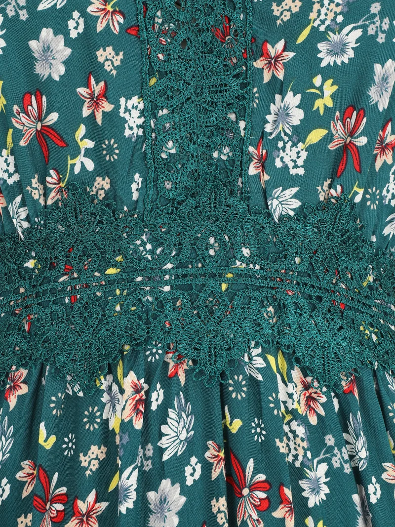 Robe longue à col dentelle et imprimé fleuri - Vert