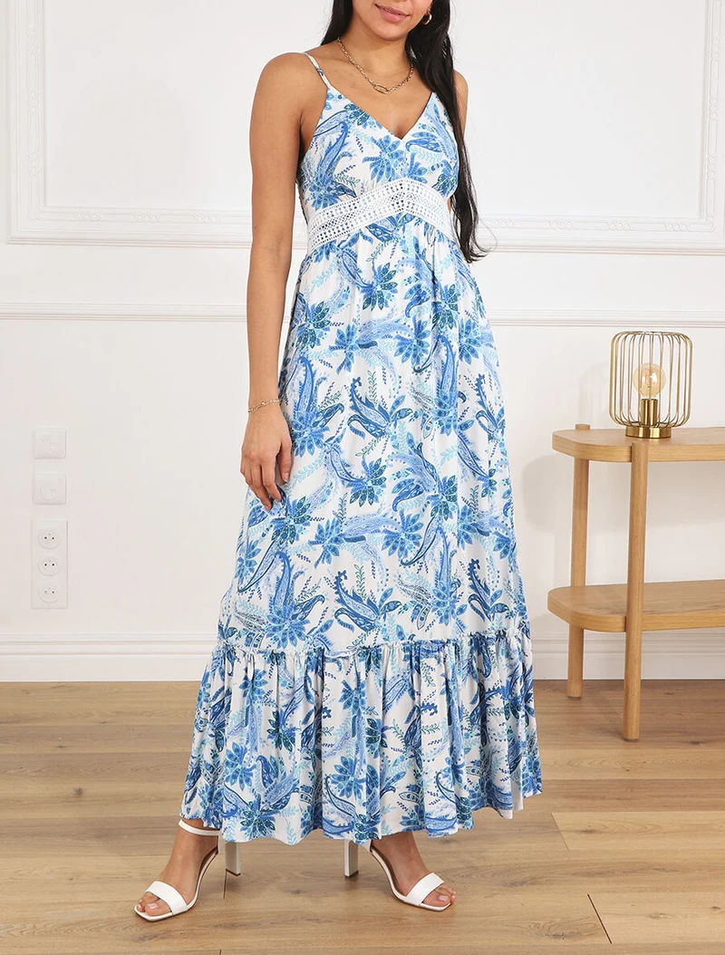 Robe imprimé foulard à base volantée - Bleu
