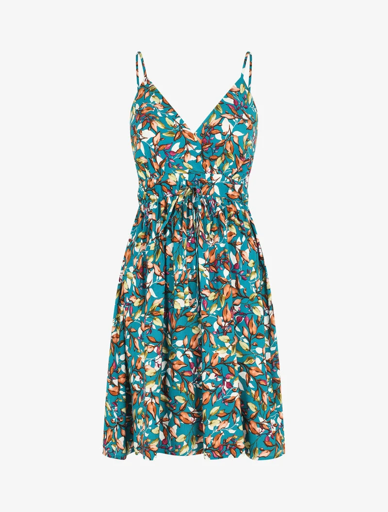 Robe mi-longue à imprimé feuilles - Bleu canard