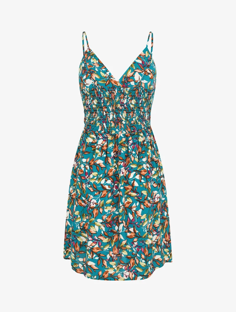 Robe mi-longue à imprimé feuilles - Bleu canard