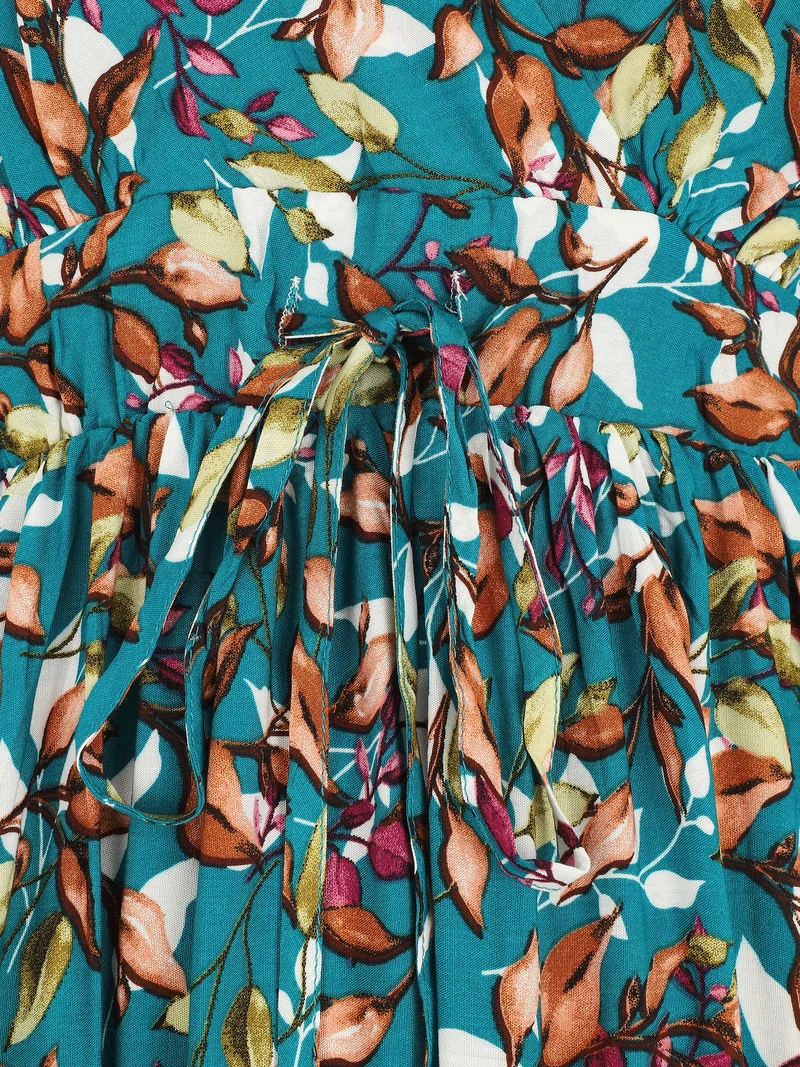 Robe mi-longue à imprimé feuilles - Bleu canard