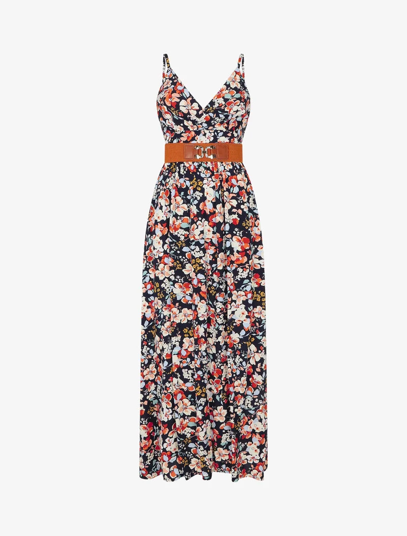Robe longue imprimé fleurs printannières - Marine