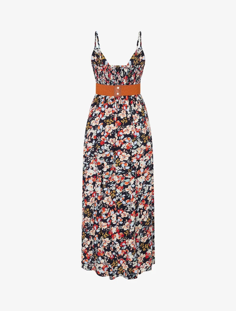 Robe longue imprimé fleurs printannières - Marine