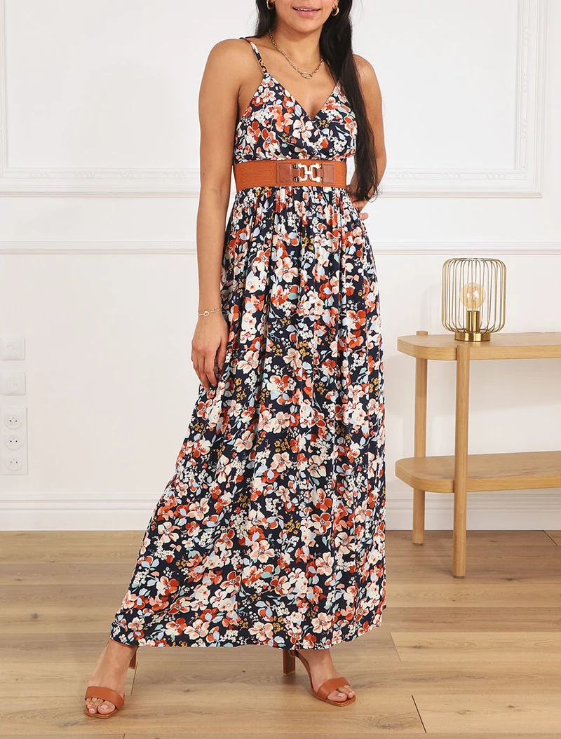 Robe longue imprimé fleurs printannières - Marine