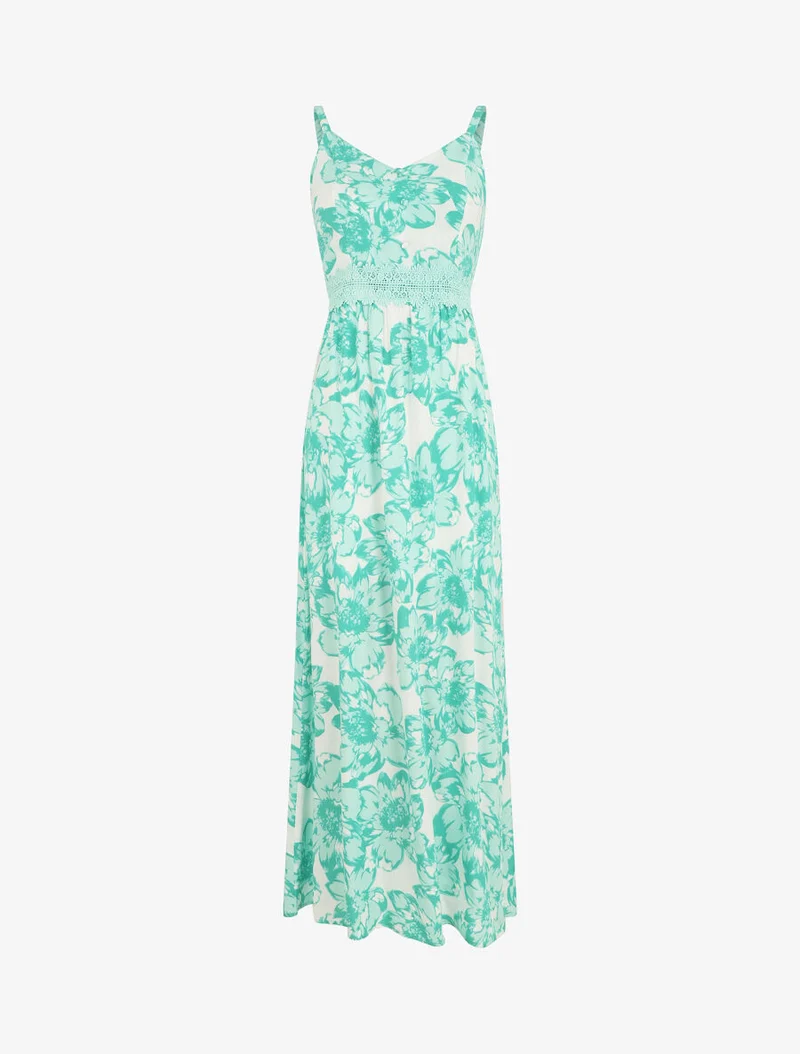 Robe longue imprimé fleurs et dentelle - Vert