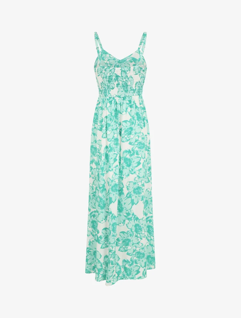 Robe longue imprimé fleurs et dentelle - Vert