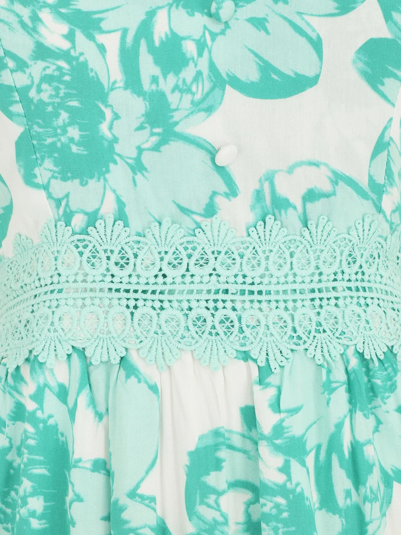 Robe longue imprimé fleurs et dentelle - Vert