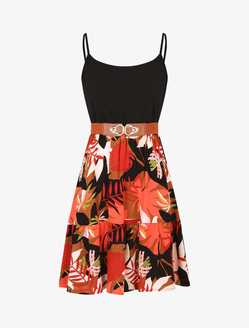 Robe mi-longue bicolore imprimé tropical - Noir