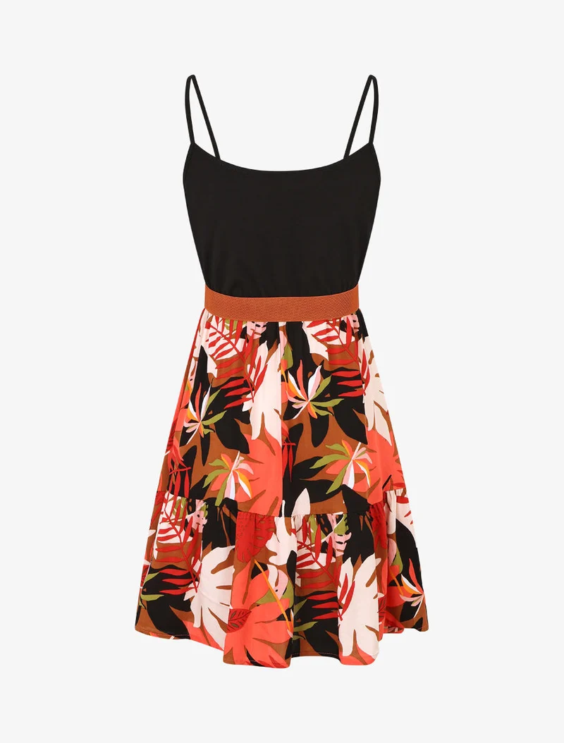 Robe mi-longue bicolore imprimé tropical - Noir