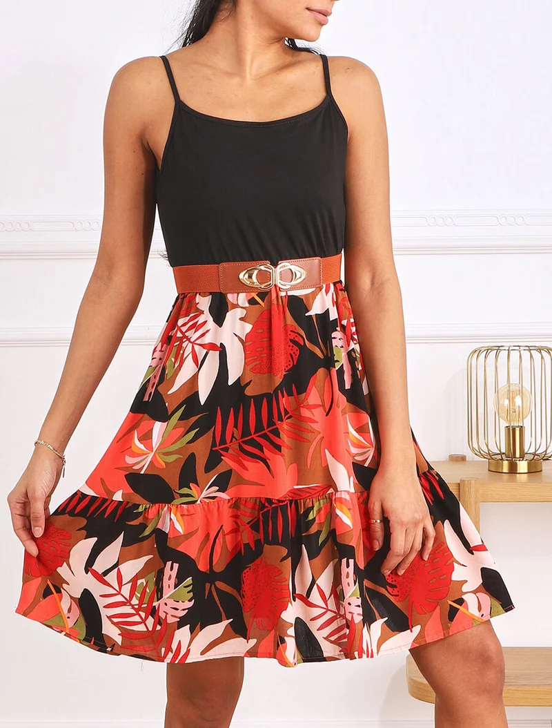 Robe mi-longue bicolore imprimé tropical - Noir