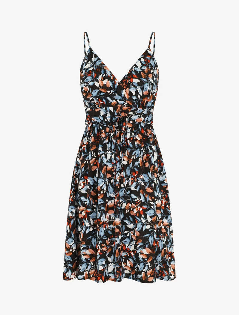 Robe mi-longue à imprimé feuilles - Bleu nuit