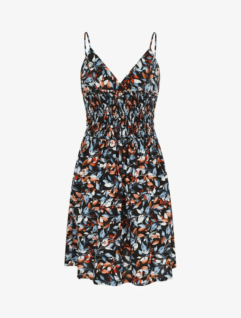 Robe mi-longue à imprimé feuilles - Bleu nuit
