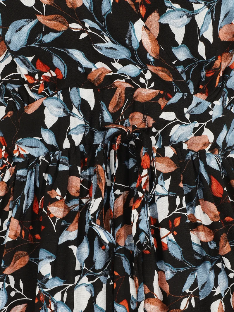 Robe mi-longue à imprimé feuilles - Bleu nuit