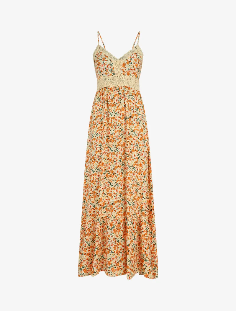 Robe longue à col dentelle et imprimé multi-fleurs - Beige