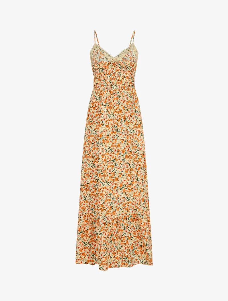 Robe longue à col dentelle et imprimé multi-fleurs - Beige