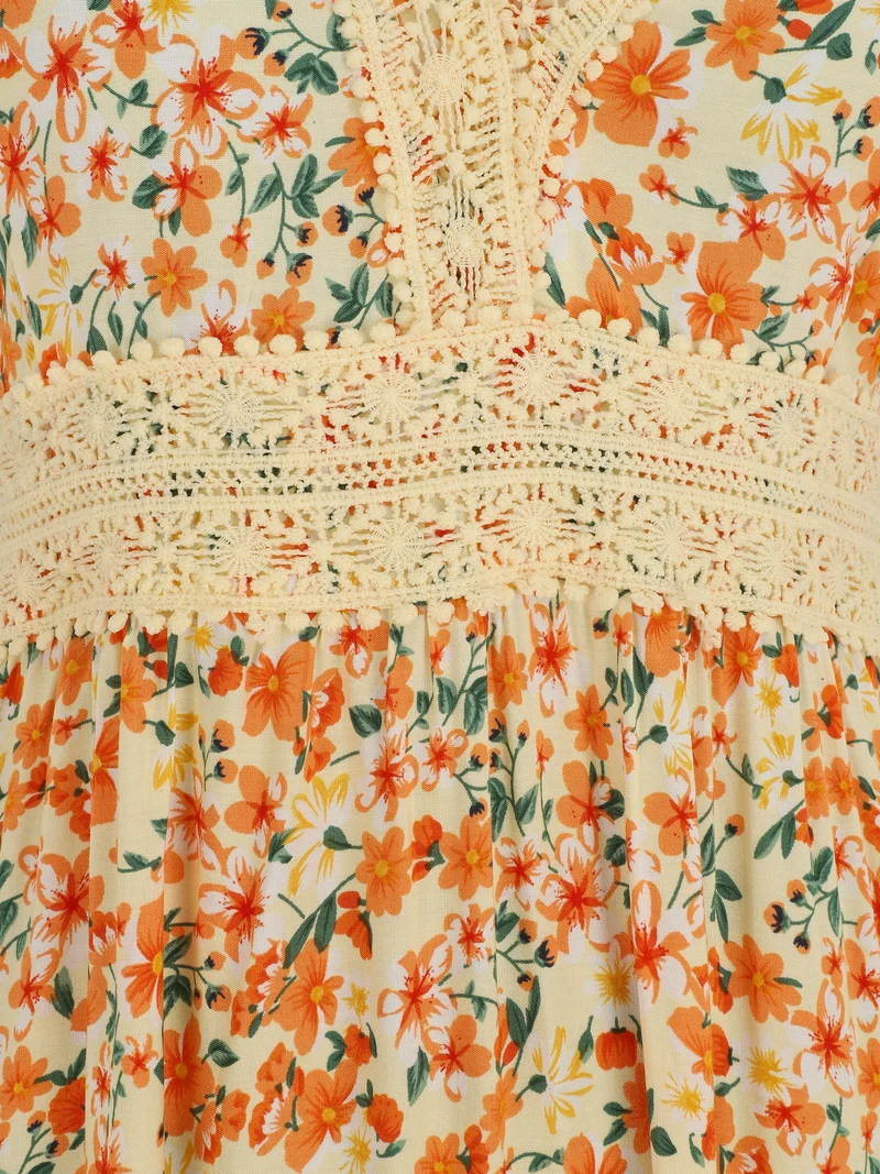 Robe longue à col dentelle et imprimé multi-fleurs - Beige