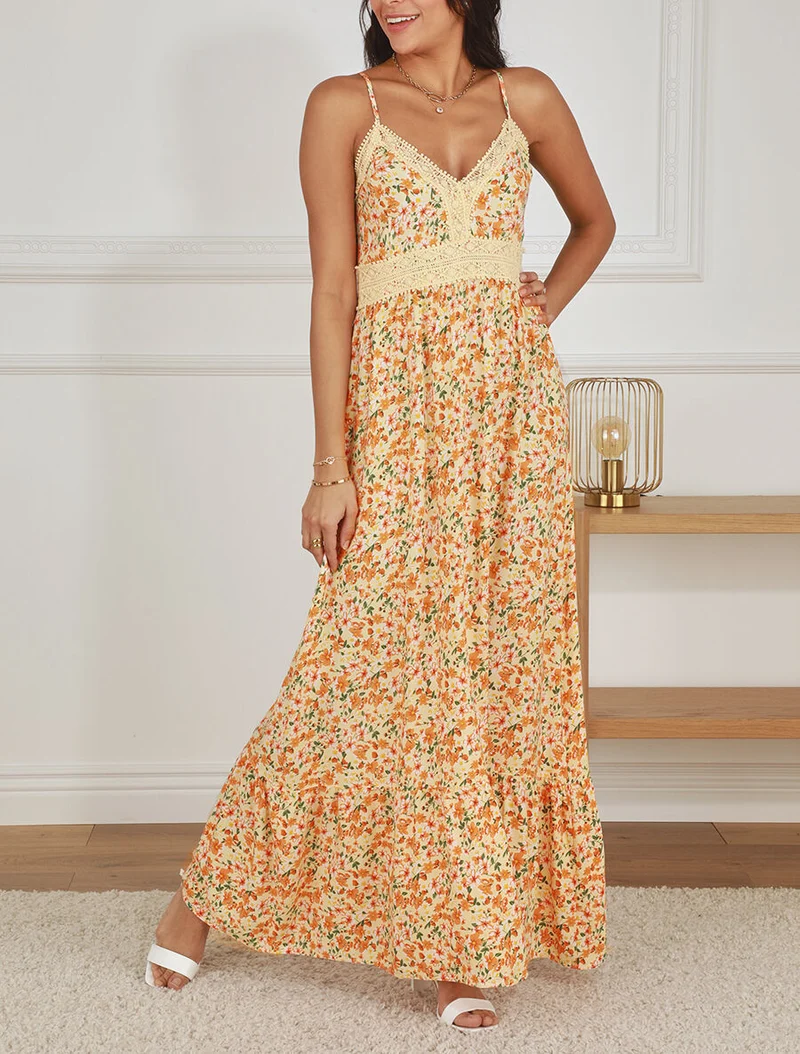 Robe longue à col dentelle et imprimé multi-fleurs - Beige