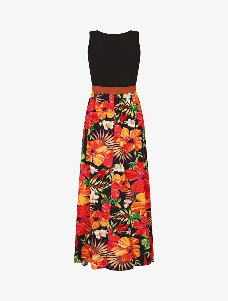 Robe longue bicolore imprimé tropical - Noir