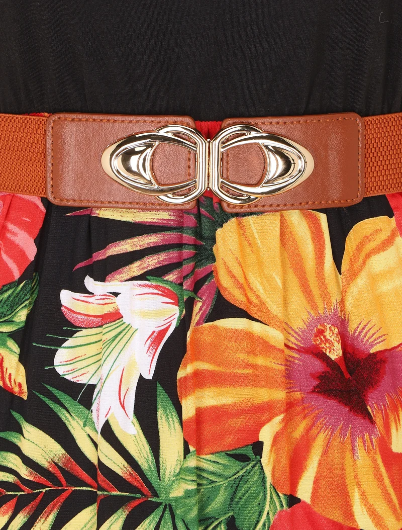 Robe longue bicolore imprimé tropical - Noir