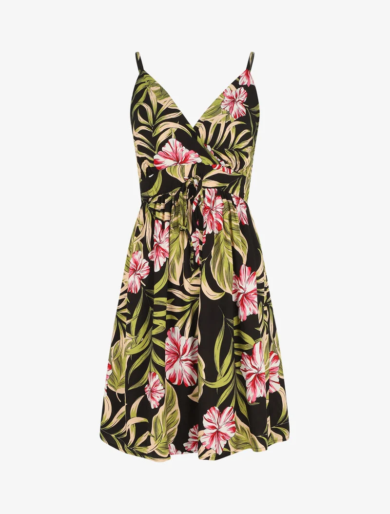 Robe mi-longue imprimé feuilles - Noir