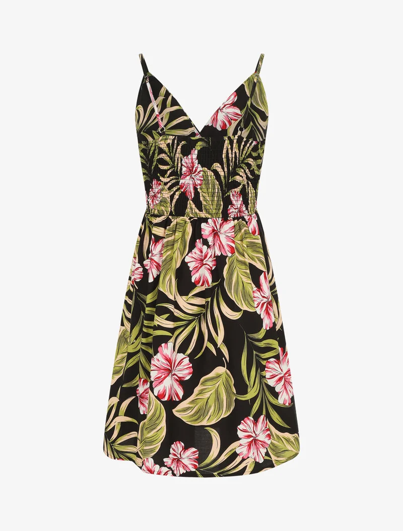 Robe mi-longue imprimé feuilles - Noir