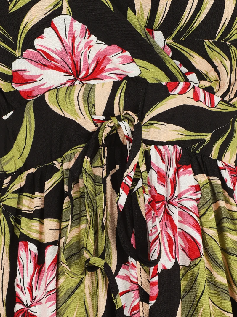 Robe mi-longue imprimé feuilles - Noir