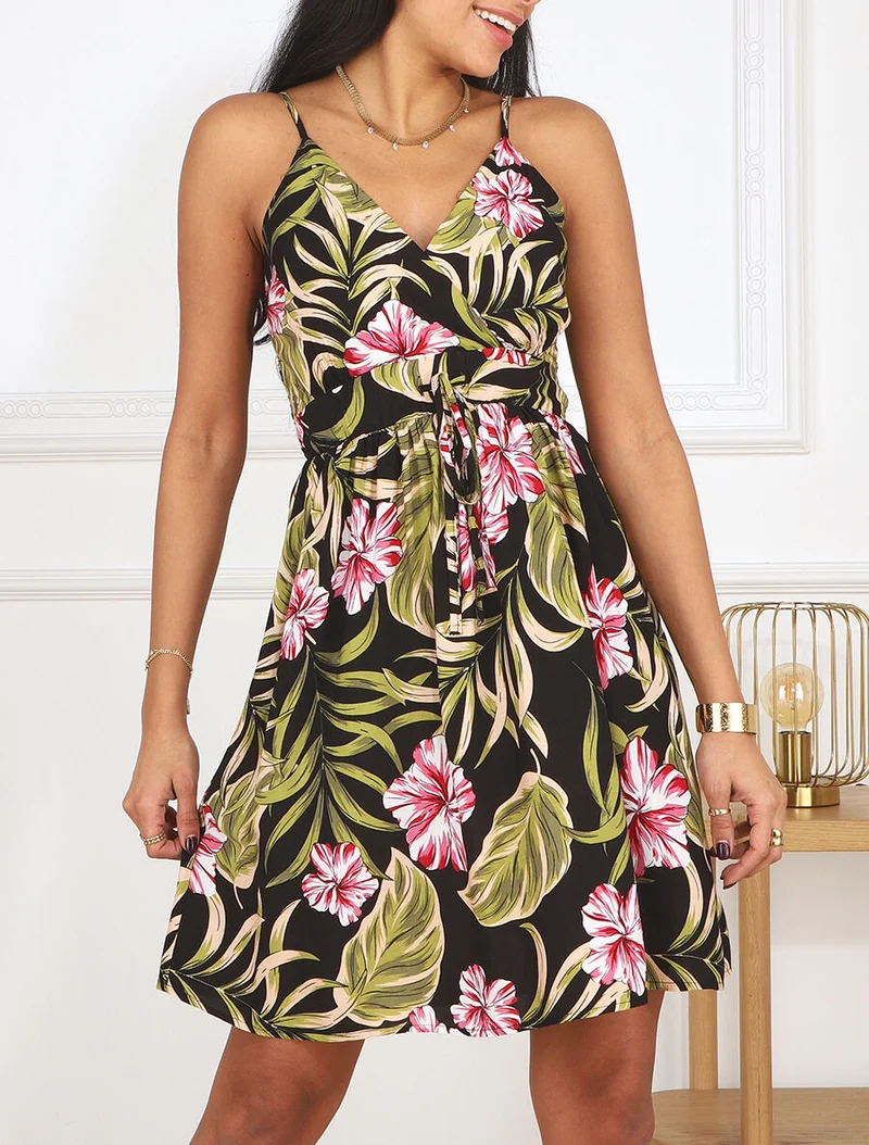 Robe mi-longue imprimé feuilles - Noir