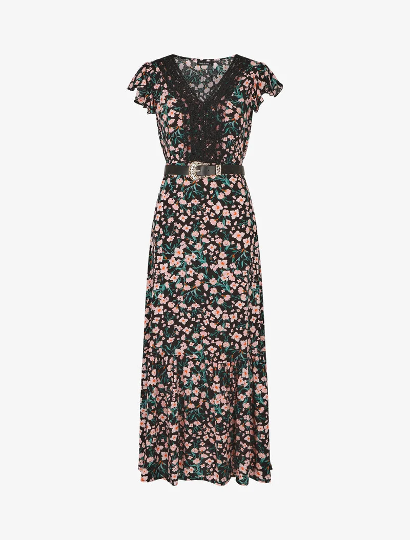 Robe longue élastiquée imprimé fleuri et broderies - Noir