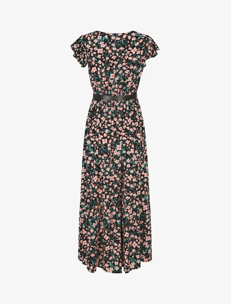 Robe longue élastiquée imprimé fleuri et broderies - Noir