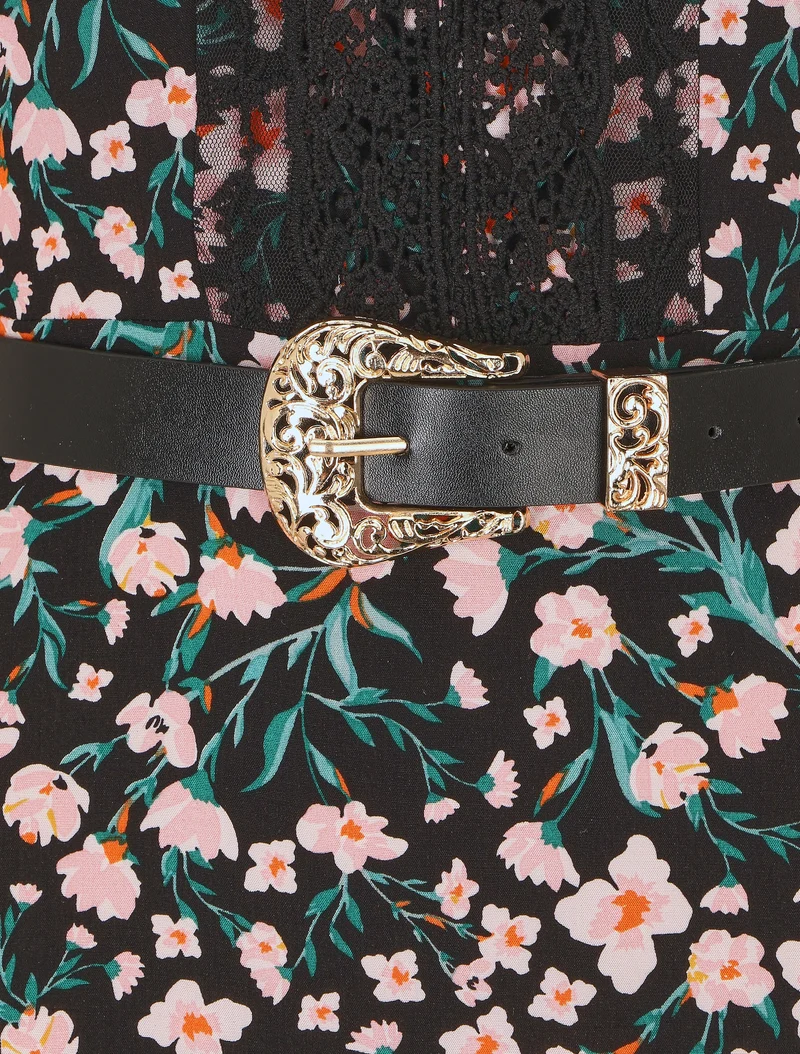 Robe longue élastiquée imprimé fleuri et broderies - Noir