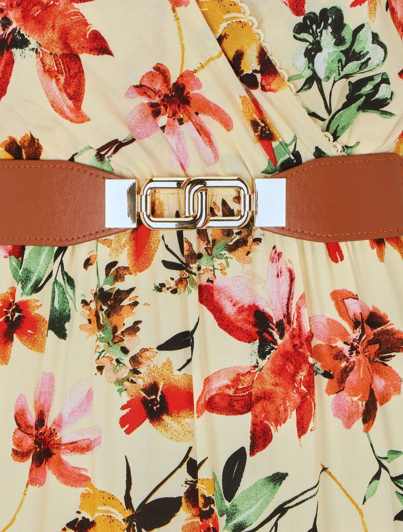 Robe imprimé fleuri à col en V - Beige