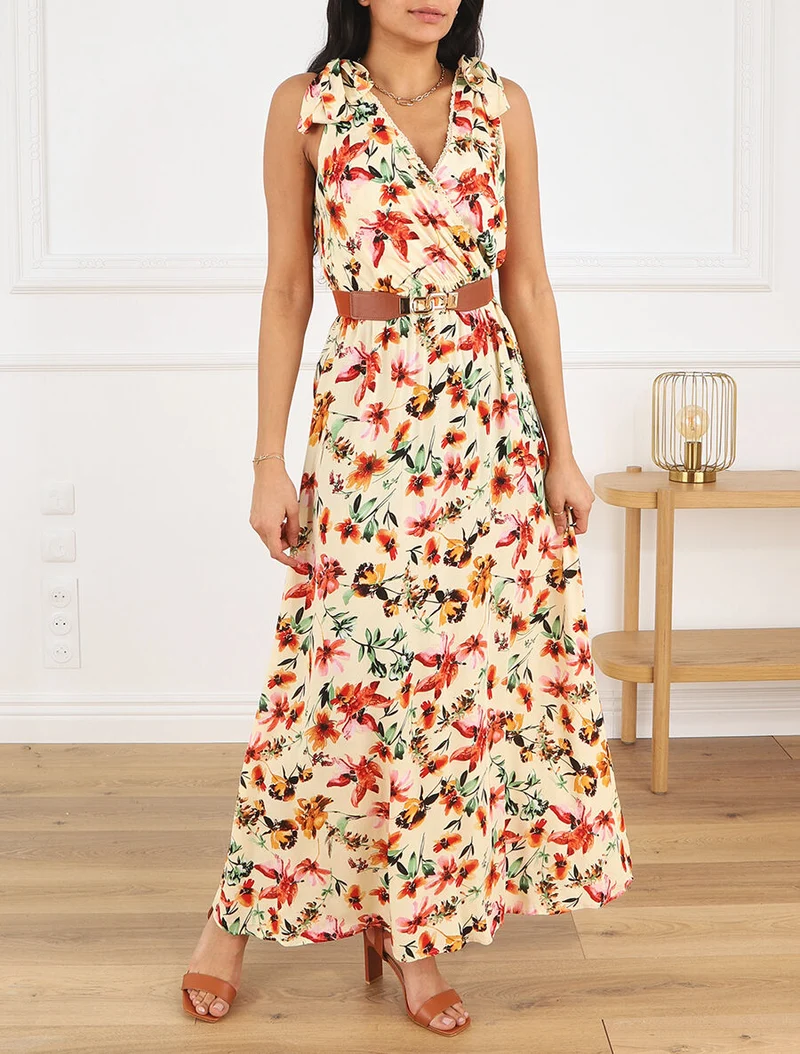 Robe imprimé fleuri à col en V - Beige