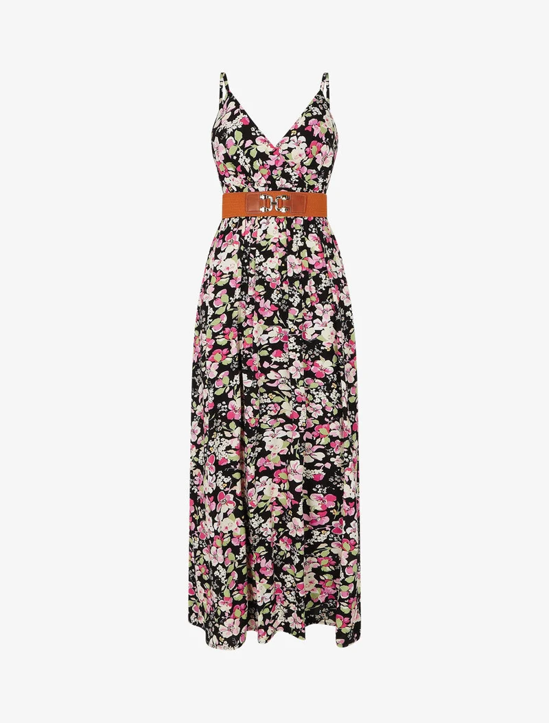 Robe longue imprimé fleurs printannières - Noir