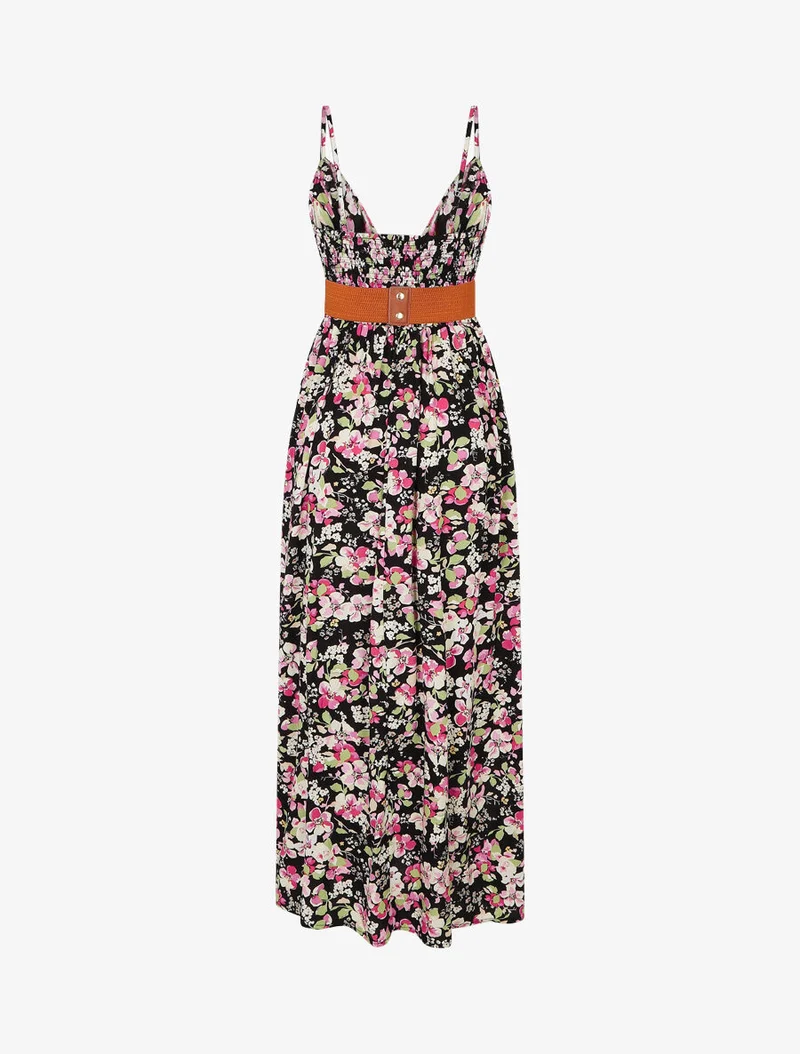 Robe longue imprimé fleurs printannières - Noir