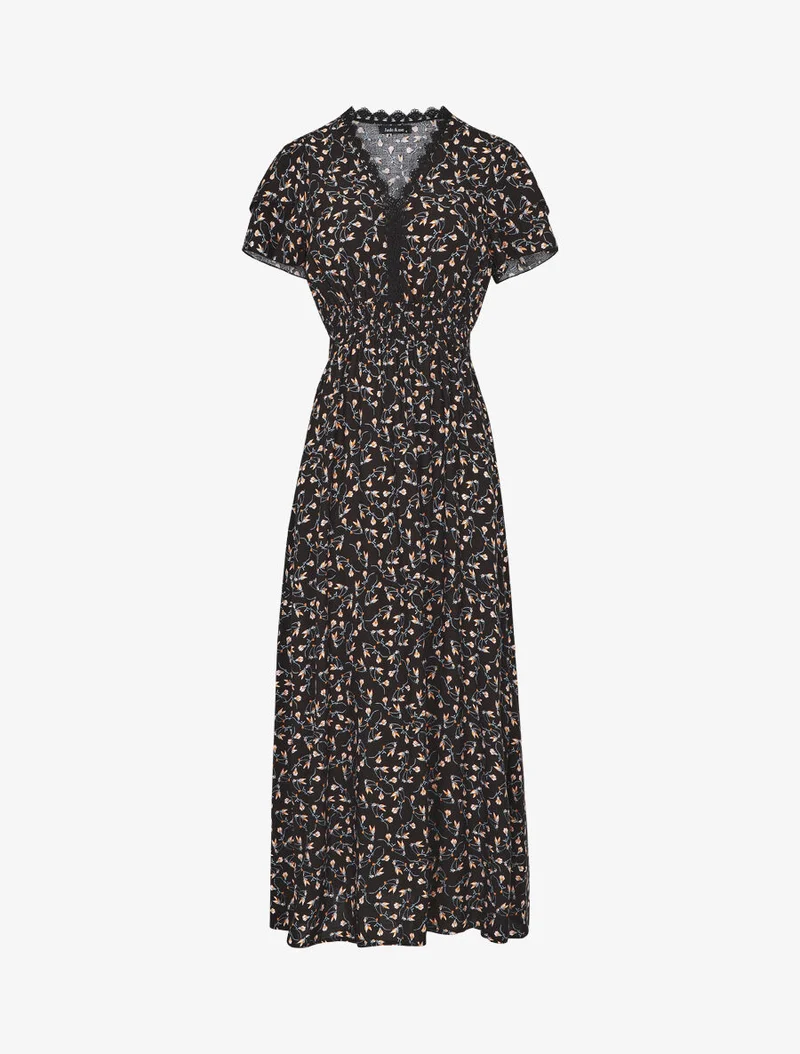 Robe imprimé petites fleurs à double manches - Noir
