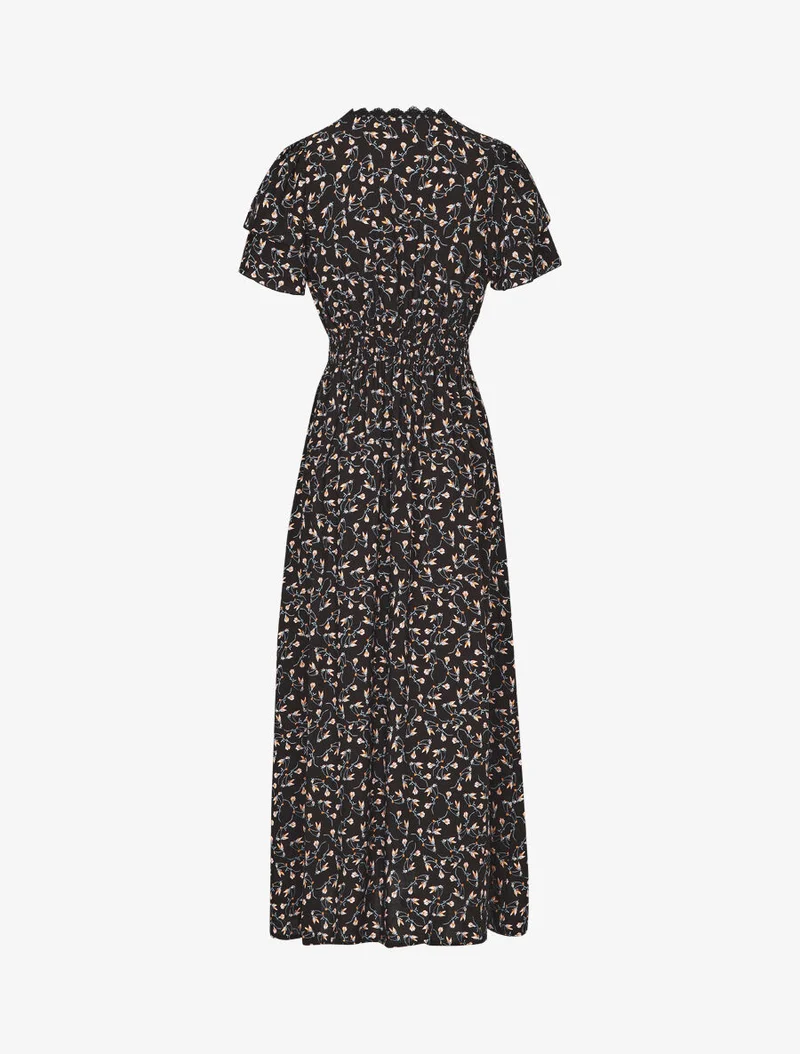 Robe imprimé petites fleurs à double manches - Noir