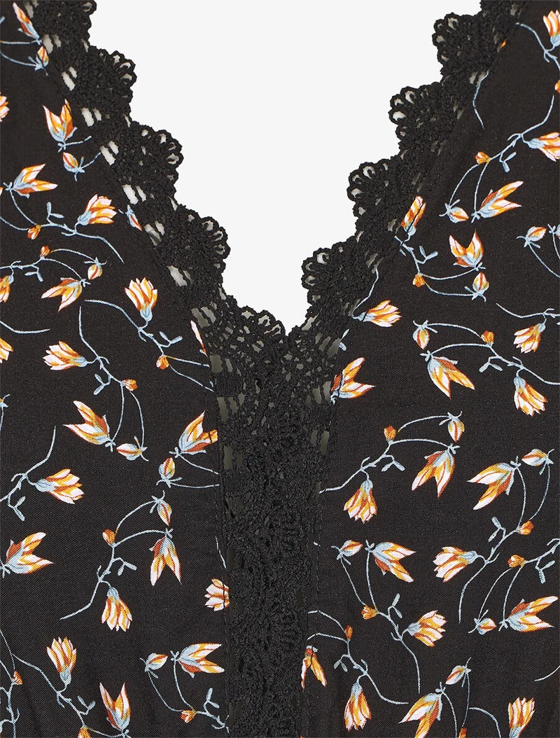 Robe imprimé petites fleurs à double manches - Noir