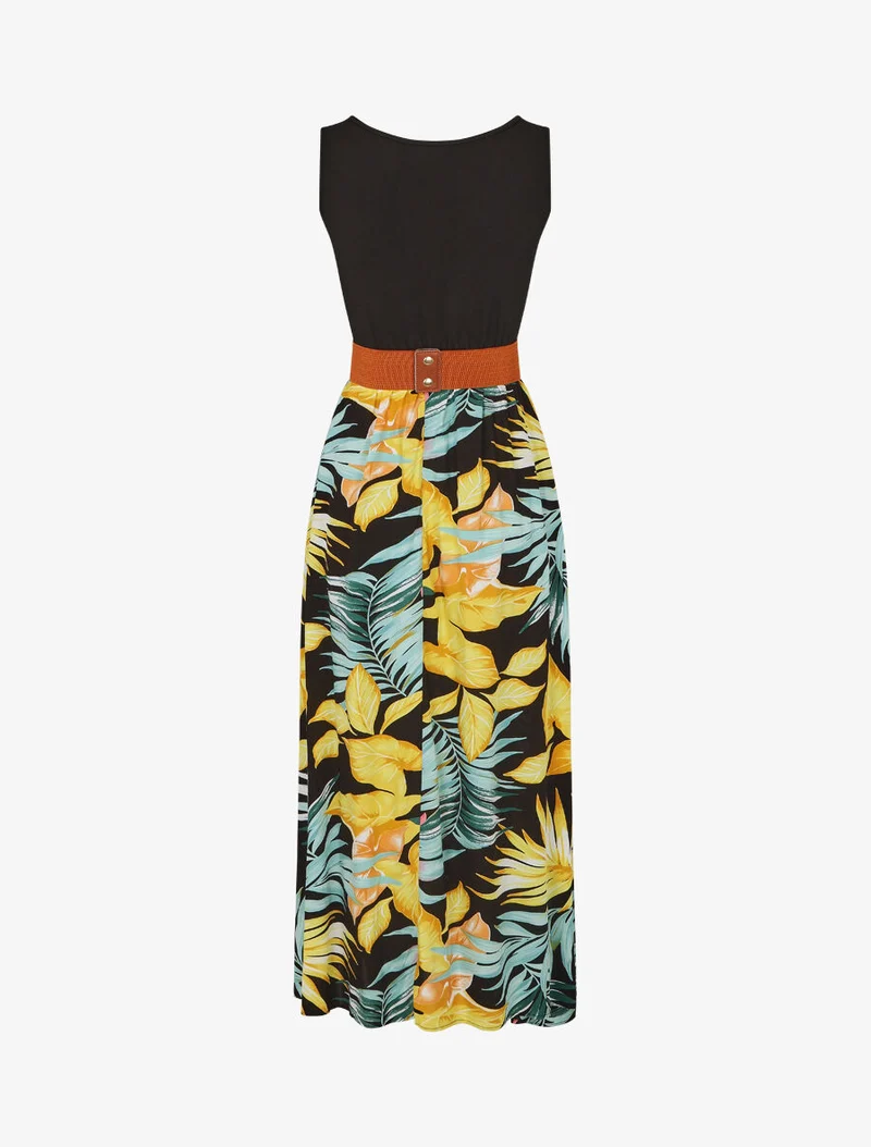 Robe bicolore à imprimé tropical - Noir