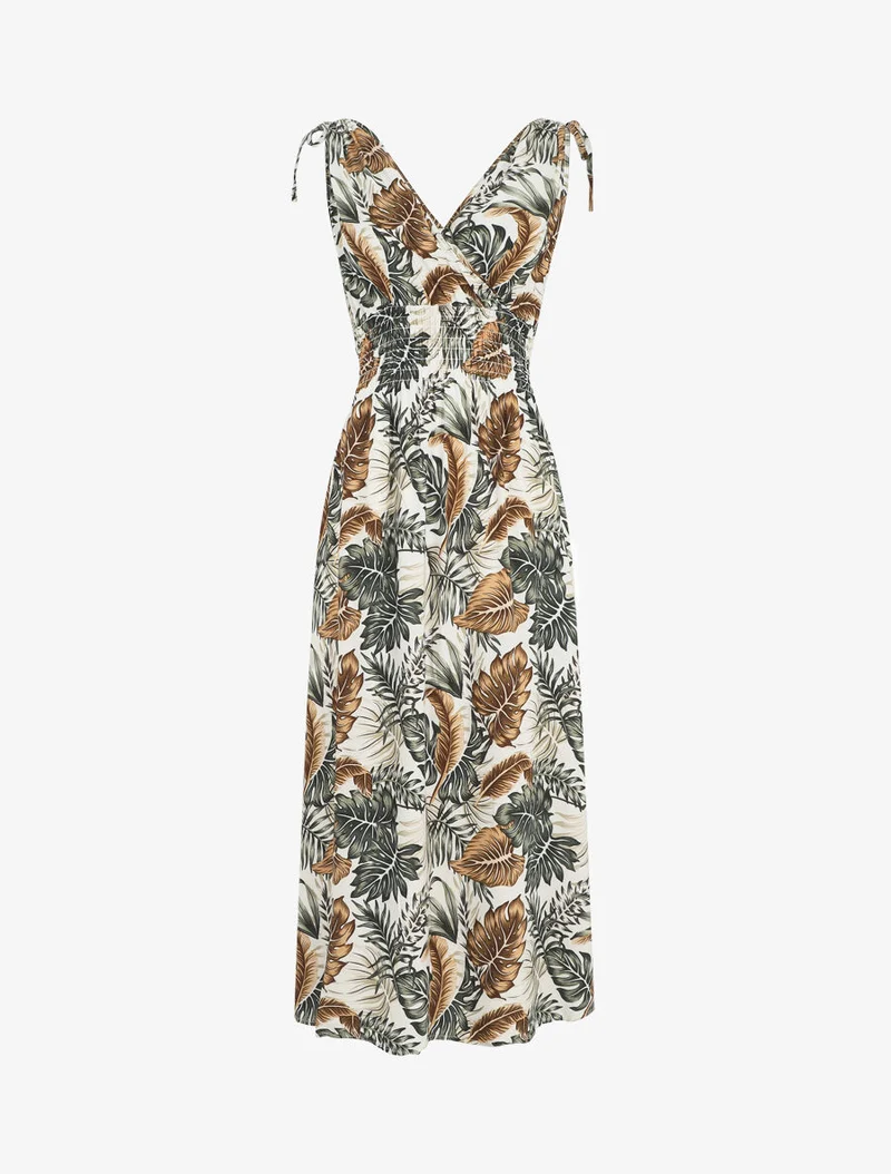 Robe longue élastiquée à imprimé feuilles - Blanc