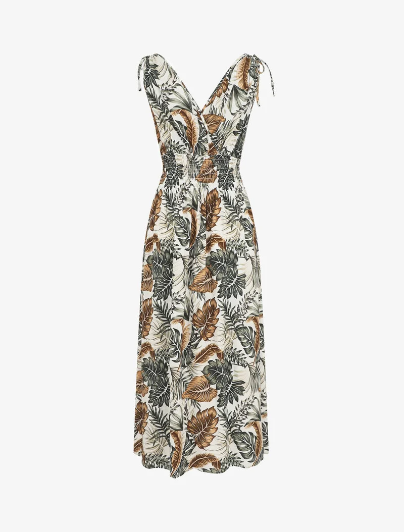 Robe longue élastiquée à imprimé feuilles - Blanc