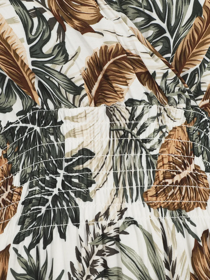 Robe longue élastiquée à imprimé feuilles - Blanc